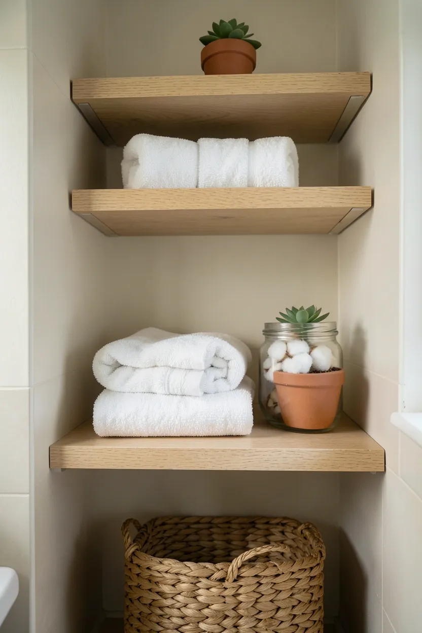 Vertical light oak floating wooden shelves with organized toiletries in a small white modern bathroom