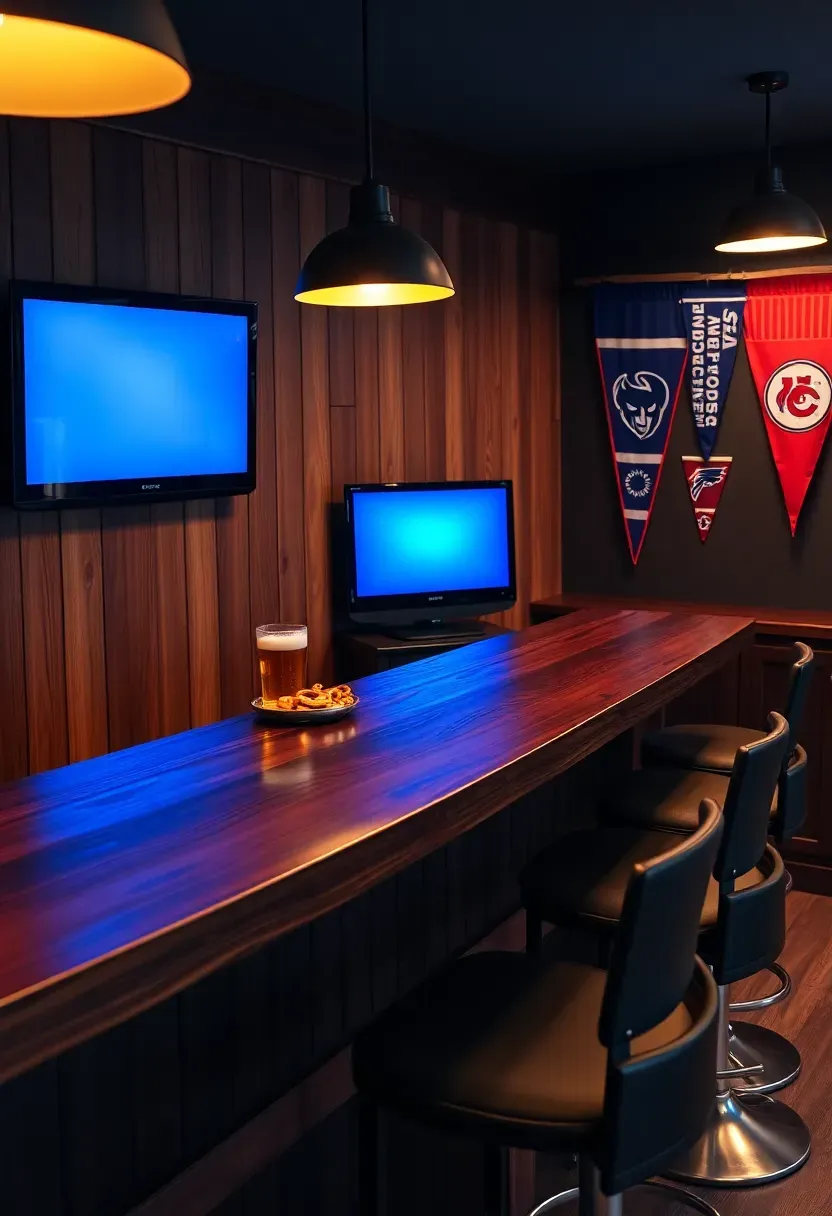 Basement sports viewing station with three wall-mounted TVs, long pub-height counter facing the screens, padded bar rail, and team pennant display