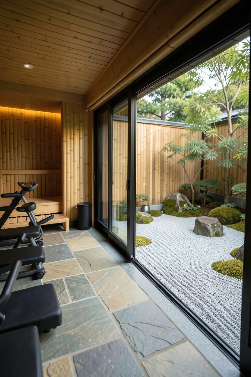 Home gym with cedar sauna overlooking a minimalist zen garden with raked gravel and bamboo, warm gray stone flooring and sliding glass doors