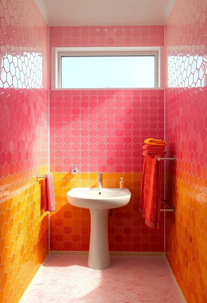 Toca Boca style bathroom with rainbow gradient tiles transitioning from pink to orange to yellow