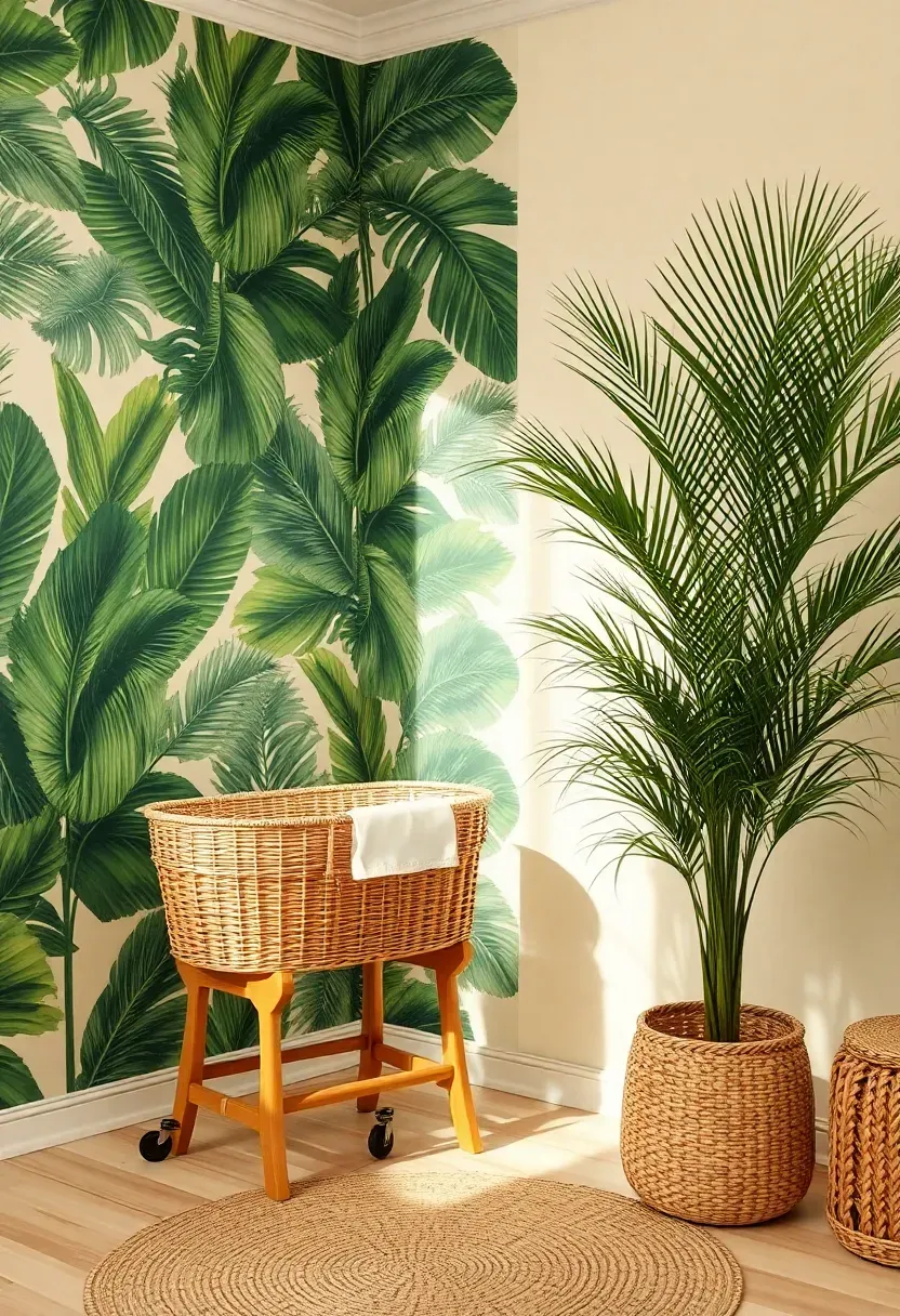 tropical botanical nursery with palm leaf wallpaper rattan furniture and lush green plants