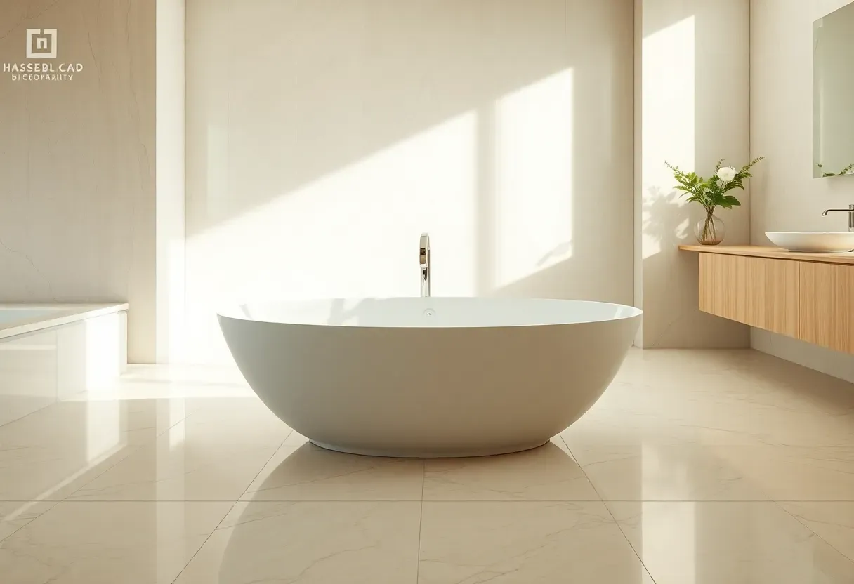 Modern luxury bathroom with freestanding white soaking tub, frameless glass shower, marble tiles, and warm ambient lighting for a calm spa-like retreat