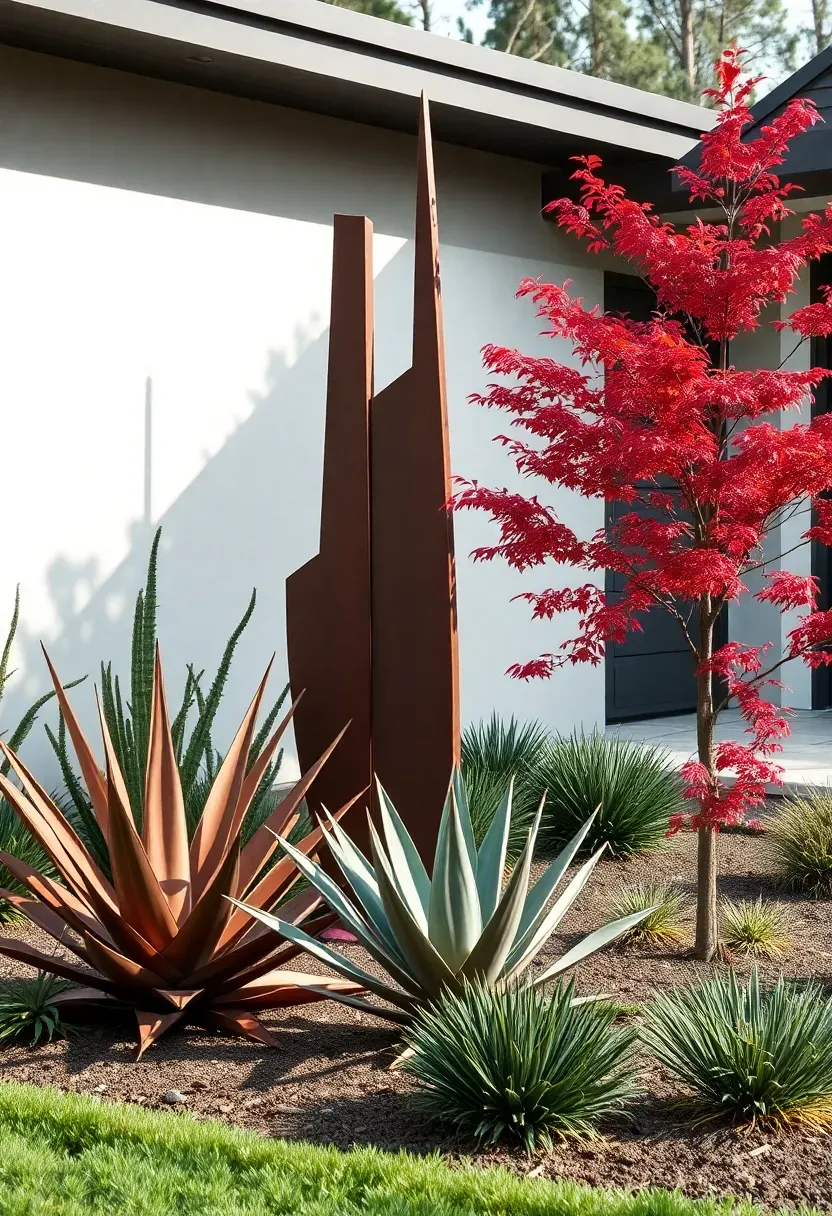 Hyper-realistic 3/4 view of a sculptural front yard garden with large abstract metal sculpture piece, specimen agave, architectural Japanese maple, and minimal groundcover creating gallery-like outdoor space. Materials: corten steel sculpture, architectural agave, red maple foliage, minimal groundcover. Dramatic angled lighting, artistic composition with generous negative space. Museum-quality presentation. Visible contemporary home acting as gallery wall. No text, no logos, no watermarks.</p>