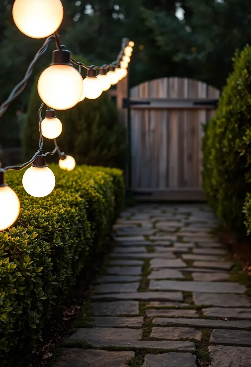 Round frosted globe string lights hung at hip height along both sides of a flagstone garden walkway at evening
