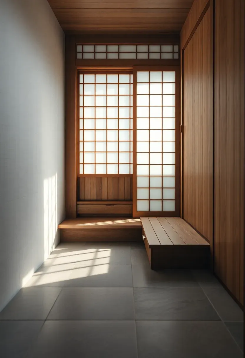 Japanese genkan-inspired entryway with a recessed step-down area, wooden shoe cabinet, stone slab step, and sliding shoji screen
