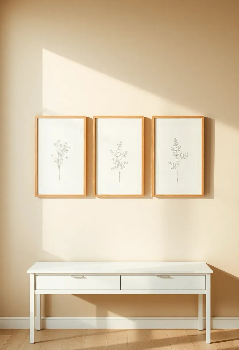 Gallery wall of three framed botanical prints in natural linen mats and thin wood frames on a greige wall above a sunroom bench