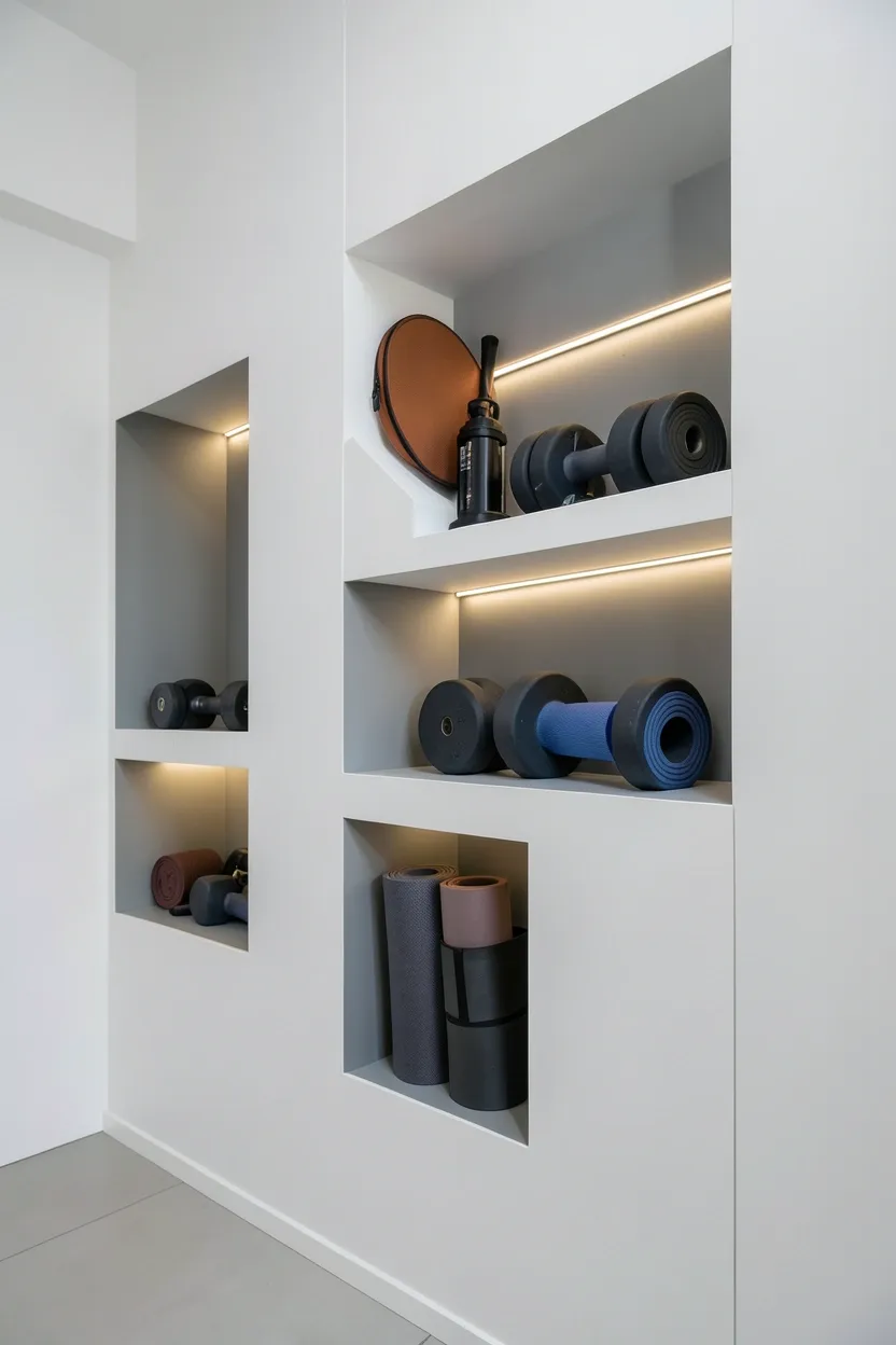 White recessed wall niche storage holding dumbbells and resistance bands in a minimalist home gym — built-in storage that looks like clean architecture