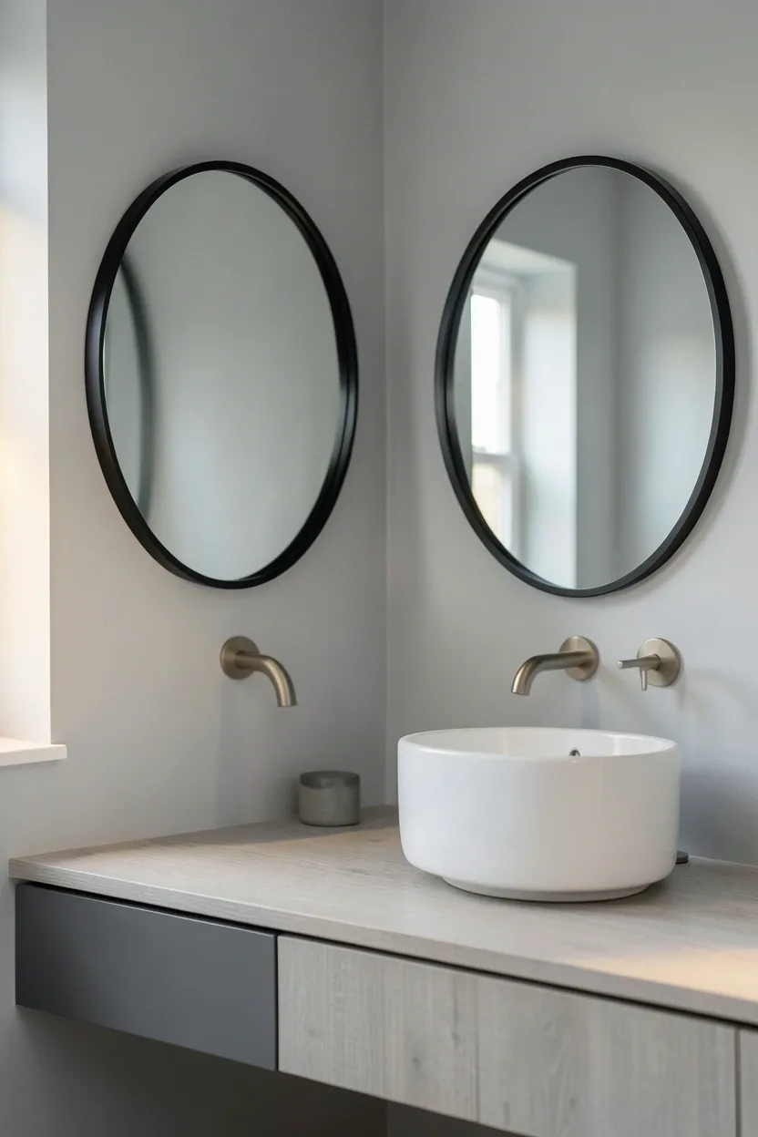 Grey bathroom vanity area with a large round black-framed mirror adding soft curves to angular grey tile walls