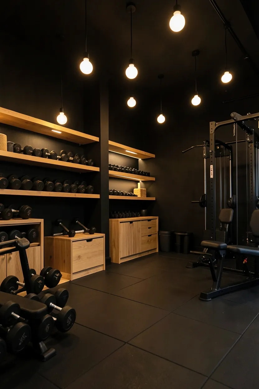 Matte black gym walls with warm amber ambient glow from corner floor lamps and wall sconces