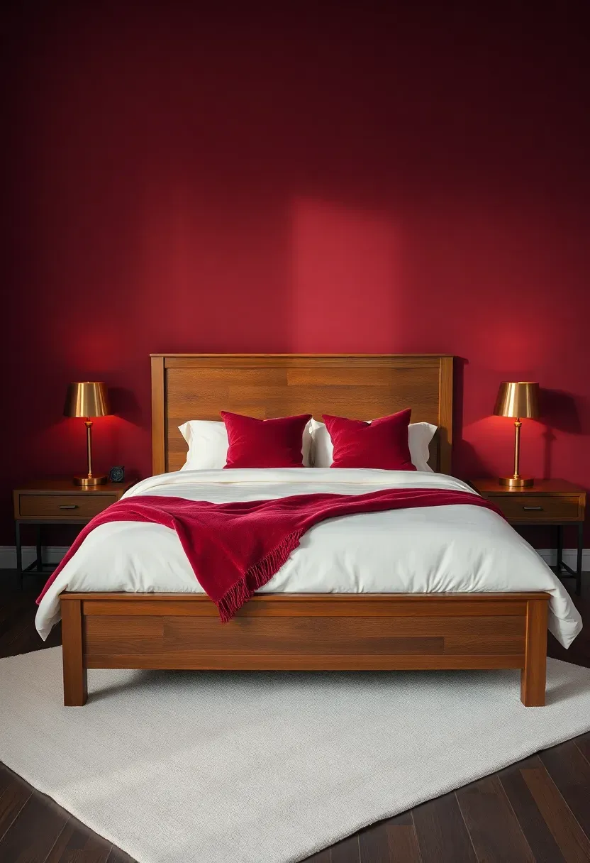 Hyper-realistic wide shot of a moody bedroom with burgundy red walls, queen bed with cream duvet and burgundy velvet pillows, wood bed frame in cherry finish, copper table lamps. Visible room context with cream area rug, dark wood floors. Materials: matte burgundy paint, cream cotton, burgundy velvet, cherry wood, polished copper. Warm reddish-amber lighting from copper lamps, cozy shadows on bedding. No text, no logos, no watermarks.</p>