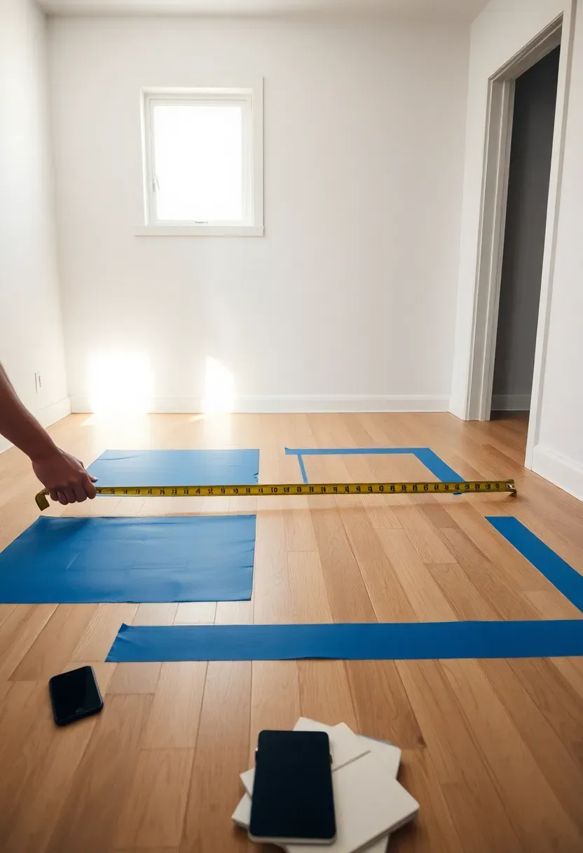 Overhead view of a small empty living room with painter's tape marking furniture zones on a light wood floor, measuring tape stretched across the space