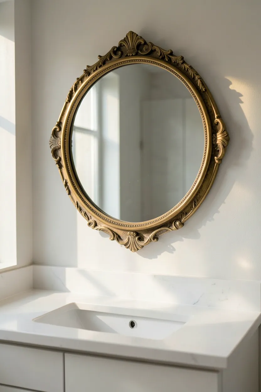 Large round statement mirror above a rental bathroom vanity — budget-friendly thrifted frame painted matte black for modern look