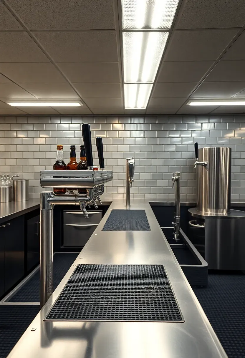 full commercial-style basement bar with stainless steel equipment speed rail professional tap system and rubber floor mats