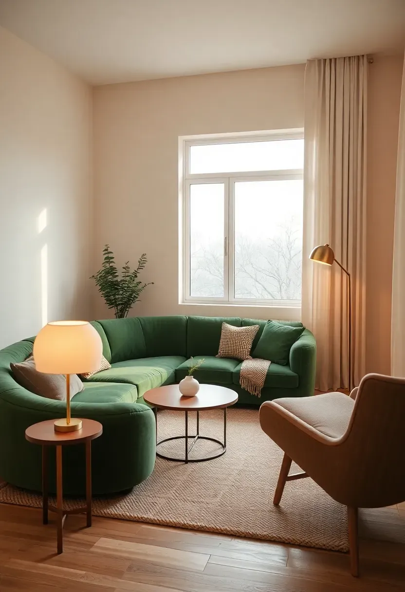 Curved green sofa island with a wool rug