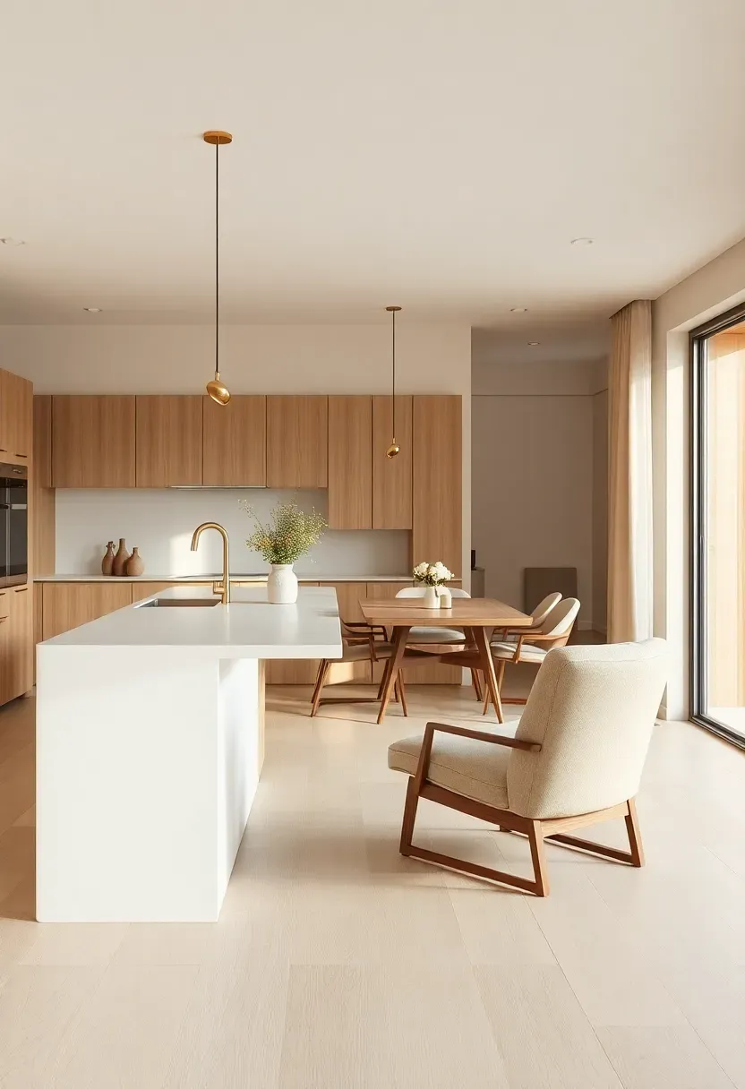 Slim quartz island with open-plan lounge alignment