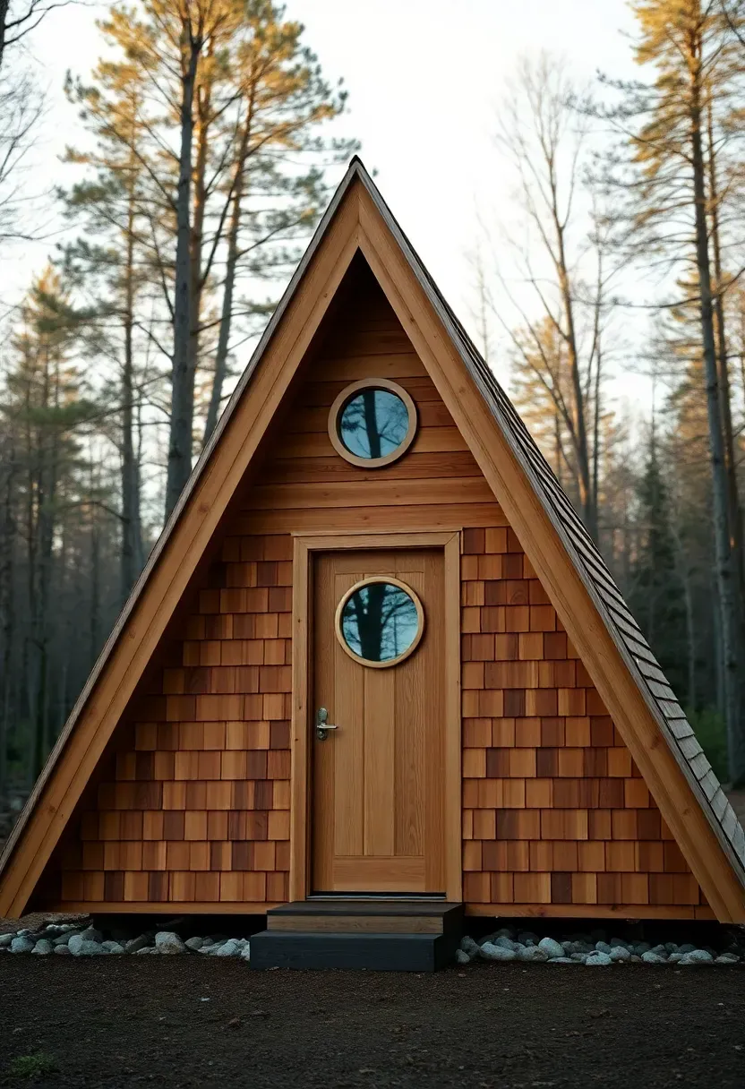 A small A-frame shed with steep cedar plank walls meeting at a sharp ridge peak, a round porthole window, and a narrow front door