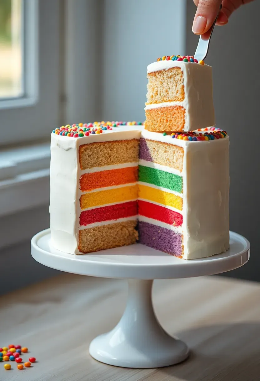 sliced baby shower reveal cake showing colorful rainbow layers inside with smooth white buttercream exterior and minimal sprinkle decoration