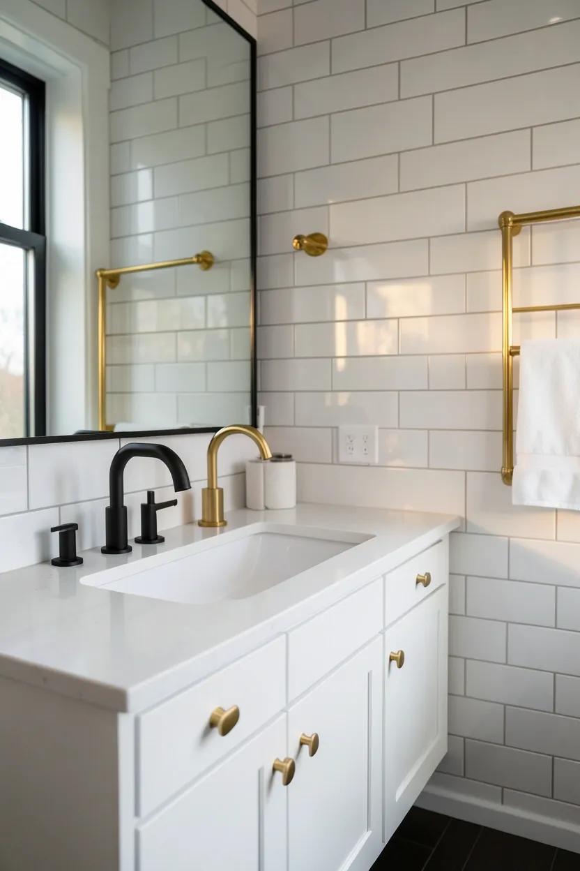 Hyper-realistic eye-level photograph of a modern black bathroom featuring matte black faucet and fixtures with polished gold accents, white quartz countertop, white vanity cabinet, white subway tile wall, gold towel rail. Natural light reflecting off gold. Materials: matte black metal with gold plating, polished gold fixtures, white quartz, white wood, white ceramic. Luxurious black and gold combination. Warm gold highlights. No text, no logos, no watermarks.</p>