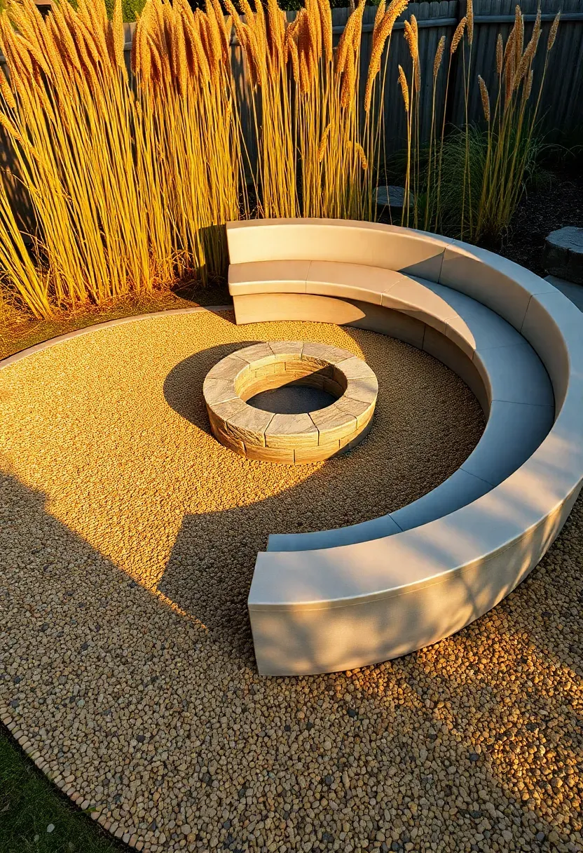 A decomposed granite seating area in warm gold tones with a circular fire pit at center and built-in curved bench seating surrounded by native grasses
