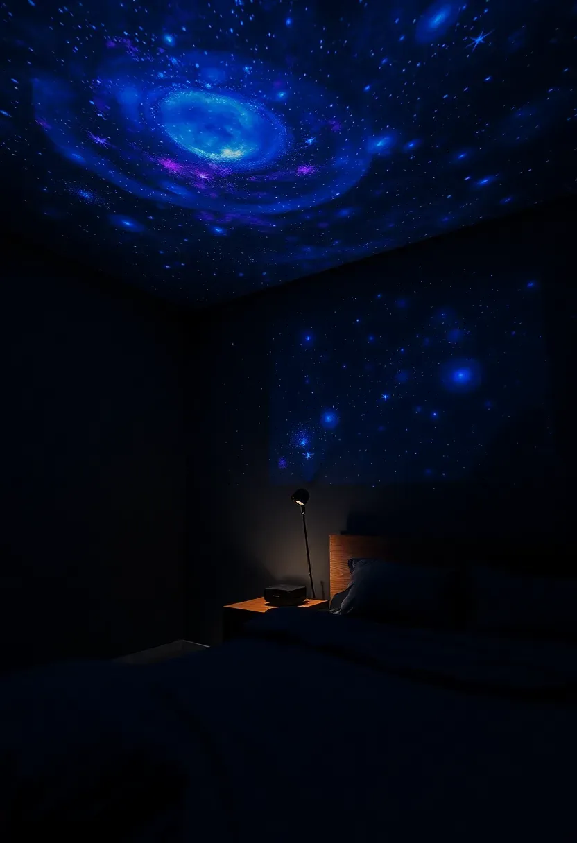 Bedroom with a starry night projector casting blue and purple star patterns across a dark ceiling and walls