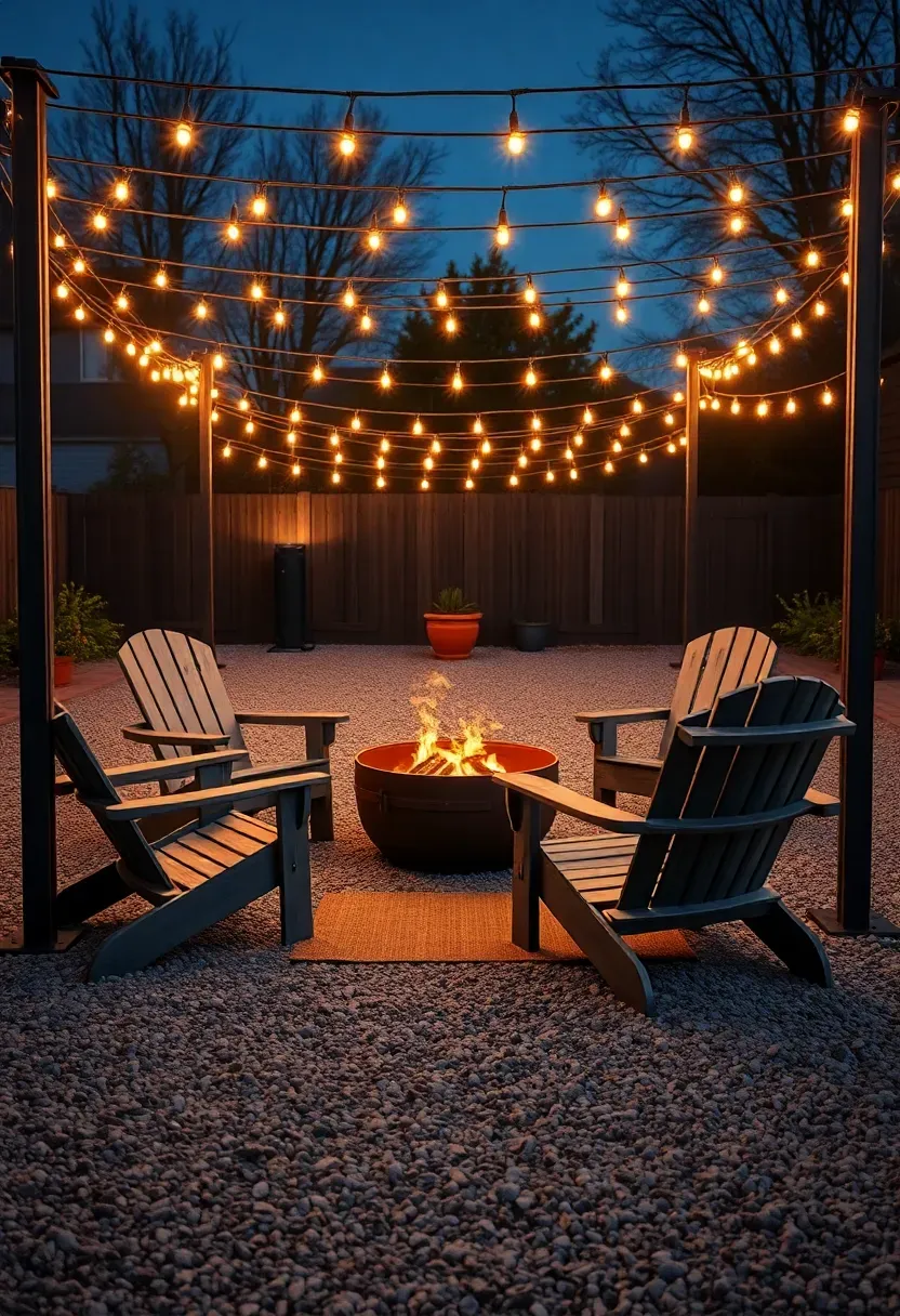 Four black metal poles supporting a grid pattern of string lights over a gravel backyard seating area with an outdoor rug and fire pit