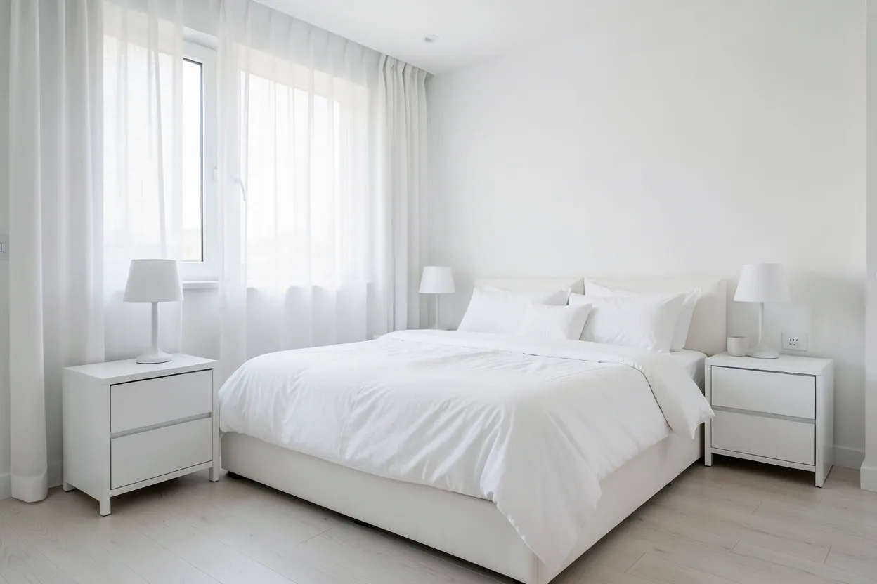 Bright white bedroom with layered linen bedding, wooden accents, and soft natural light — stylish white bedroom ideas for renters