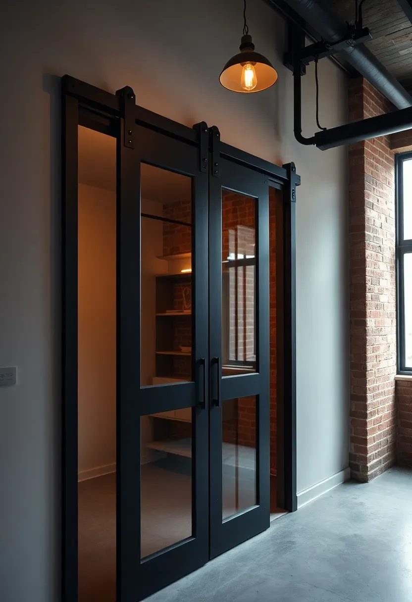 Black steel frame barn door with clear glass panels on a top-mounted track covering a walk-in closet in a modern loft bedroom