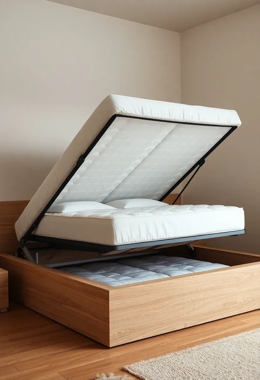 Bed with hydraulic lift storage or under-bed drawers
