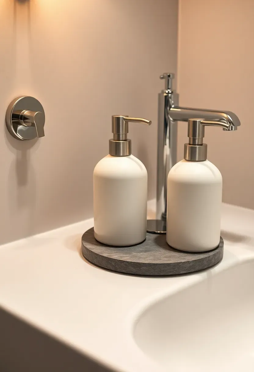 Three matching ceramic soap dispensers on a small round tray on a bathroom counter next to the sink
