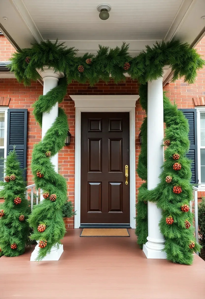 Hyper-realistic wide shot of a front porch with evergreen garland framing the entrance. Thick fresh cedar garland drapes along the top railing, swagging gently between white painted posts. Two white columns flanking the front door are wrapped in matching garland spiraled from top to bottom. Interspersed throughout are large pinecones and clusters of red winterberries. A dark wood front door with brass hardware is centered. Porch has painted wood floors and a white ceiling. Soft overcast daylight. Visible red brick facade and black shutters. No text, no logos, no watermarks.</p>