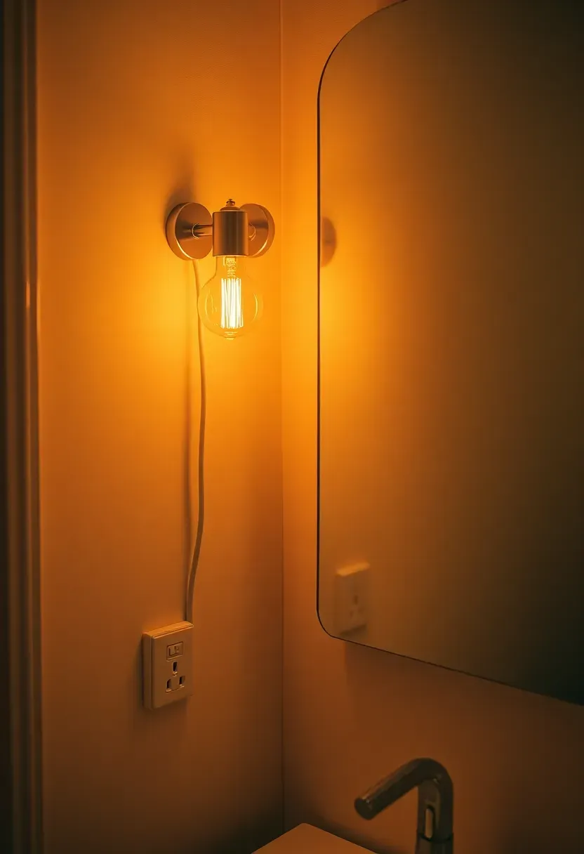 Plug-in wall sconce with warm amber bulb mounted beside a rental bathroom mirror using a damage-free adhesive mount, casting a warm glow on the vanity — a no-wire lighting upgrade for renters