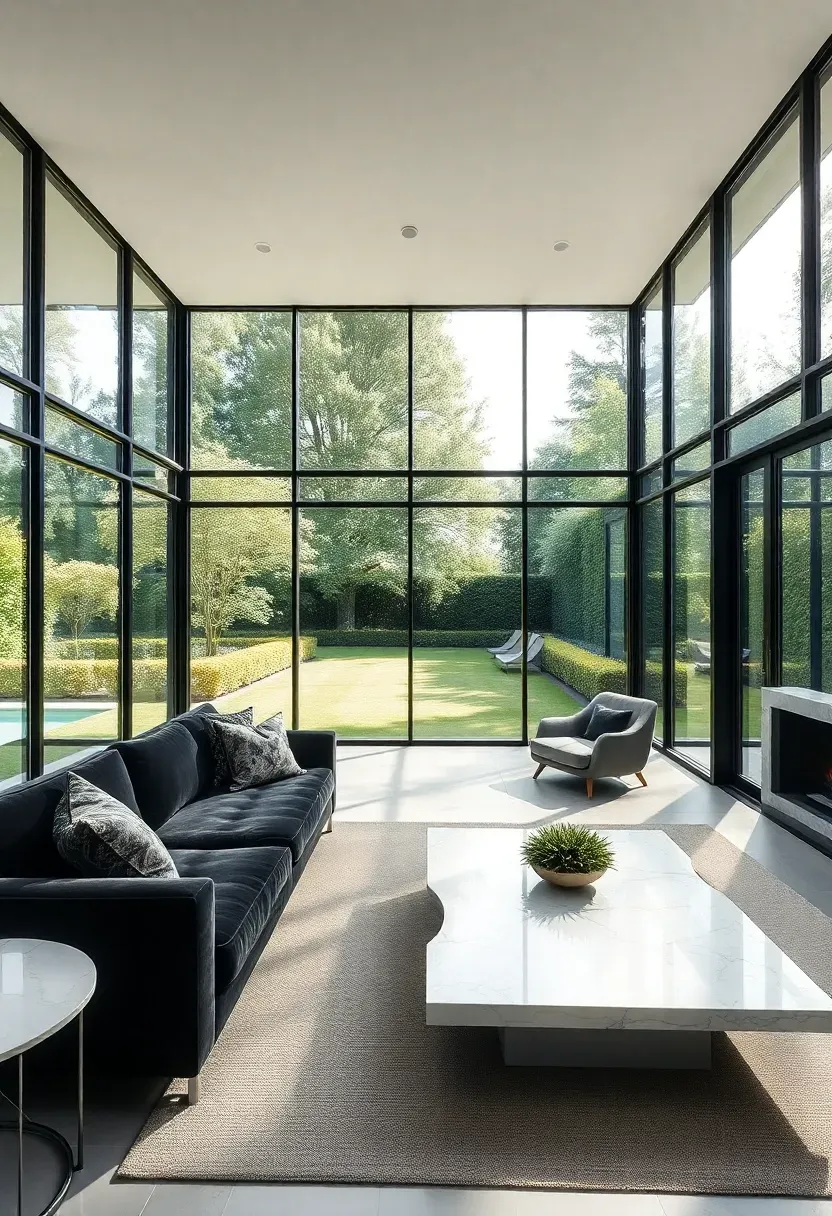 Hyper-realistic wide view of elegant living room with floor-to-ceiling windows. Materials: expansive glass walls with minimal black frames, abundant daylight flooding space, charcoal velvet sofa, white marble coffee table, views of manicured garden beyond. Seamless indoor-outdoor connection. Light enhancing material richness throughout space.</p>