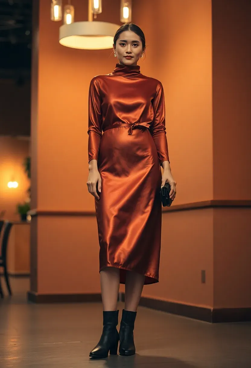 copper satin midi dress with black ankle boots for a warm-toned winter baby shower outfit