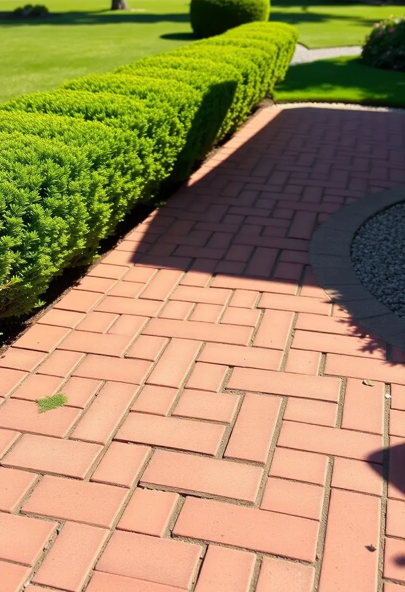 Herringbone pattern paver patio with red clay bricks arranged in a 45-degree zigzag on a sunny backyard with green hedges