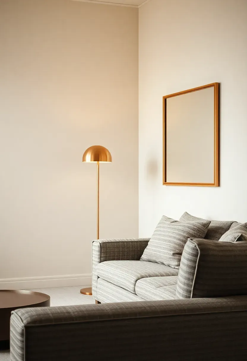 Hyper-realistic 3/4 view of a minimalist living room with cream walls, gray sofa, rose gold floor lamp, rose gold framed mirror. Materials: cream matte paint, gray woven fabric, rose gold plated metal, glass mirror. Soft diffused light, subtle metallic sparkle reflections. Shallow depth of field, luxurious minimalist composition. No text, no logos, no watermarks.</p>