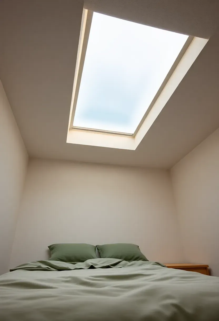 Basement bedroom with a LED faux skylight panel installed in the ceiling emitting warm daylight-balanced light