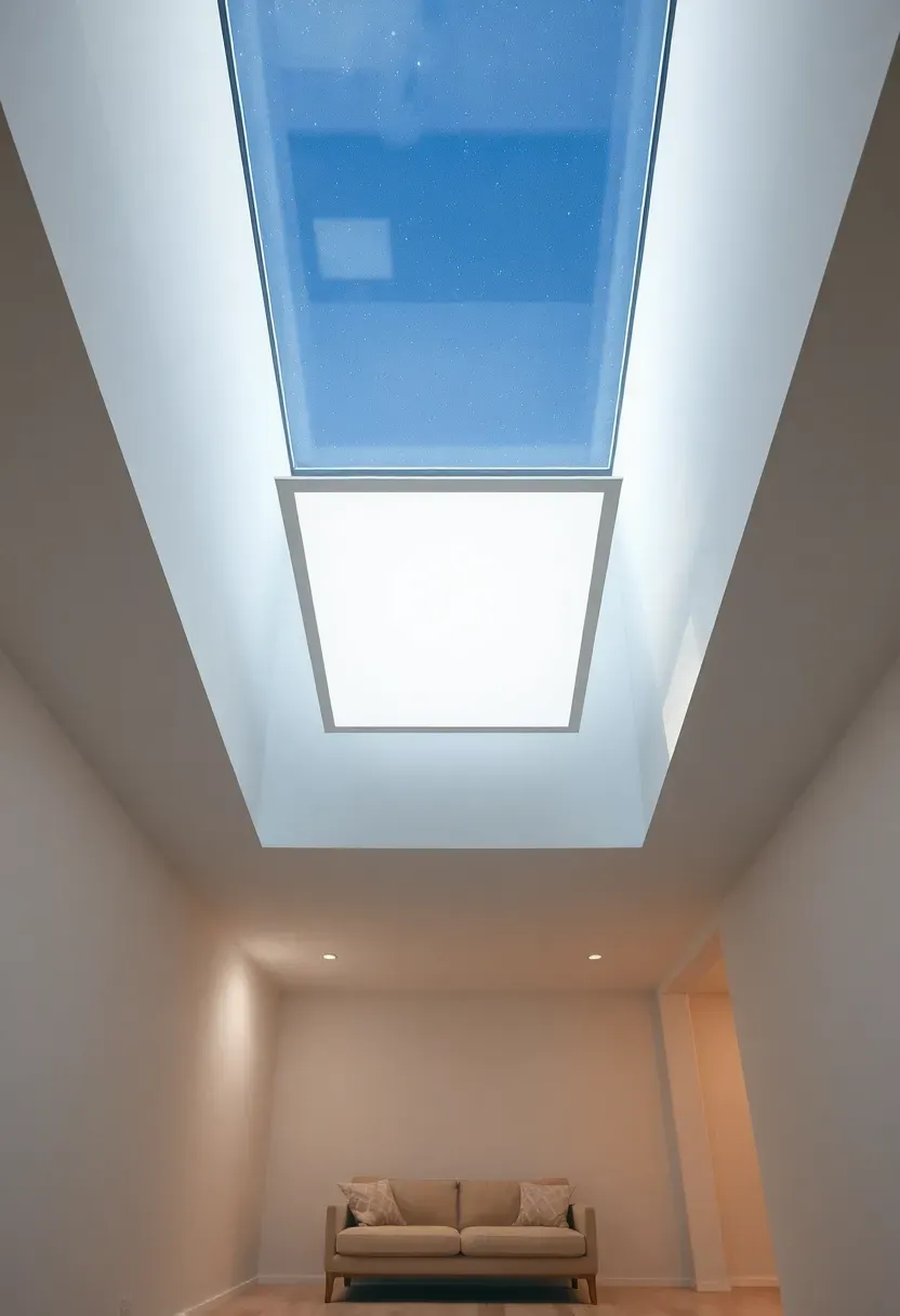 Hyper-realistic upward view through skylight shaft showing rectangular LED panel mounted flush within shaft ceiling. Soft white diffused light emanating downward through shaft. Visible shaft walls in white painted surface. Room below with cream sofa and light wood floor visible through opening. Natural night sky visible through skylight glass above LED panel. Materials: LED panel diffuser, painted shaft walls, glass skylight. Supplemental illumination mimicking daylight. Clean integration. Shallow depth of field, sharp details on panel and shaft construction. No text, no logos, no watermarks.</p>