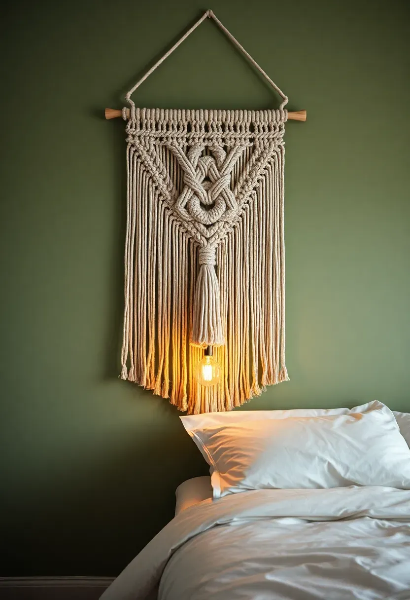 Large handwoven macrame wall hanging with intricate knotwork and long fringe in cream cotton against a sage green bedroom wall