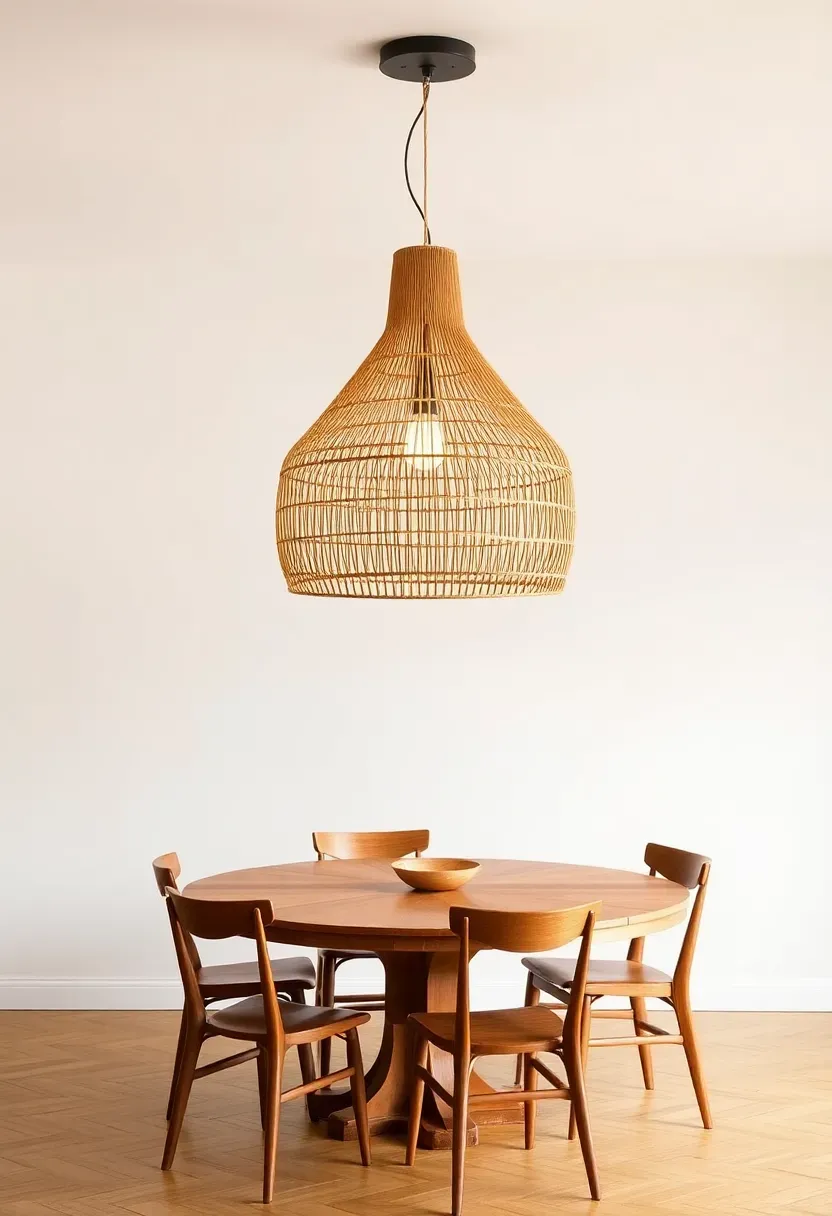 Dining room with a large sculptural woven pendant light hanging over a round wooden table, replacing a basic flush-mount fixture