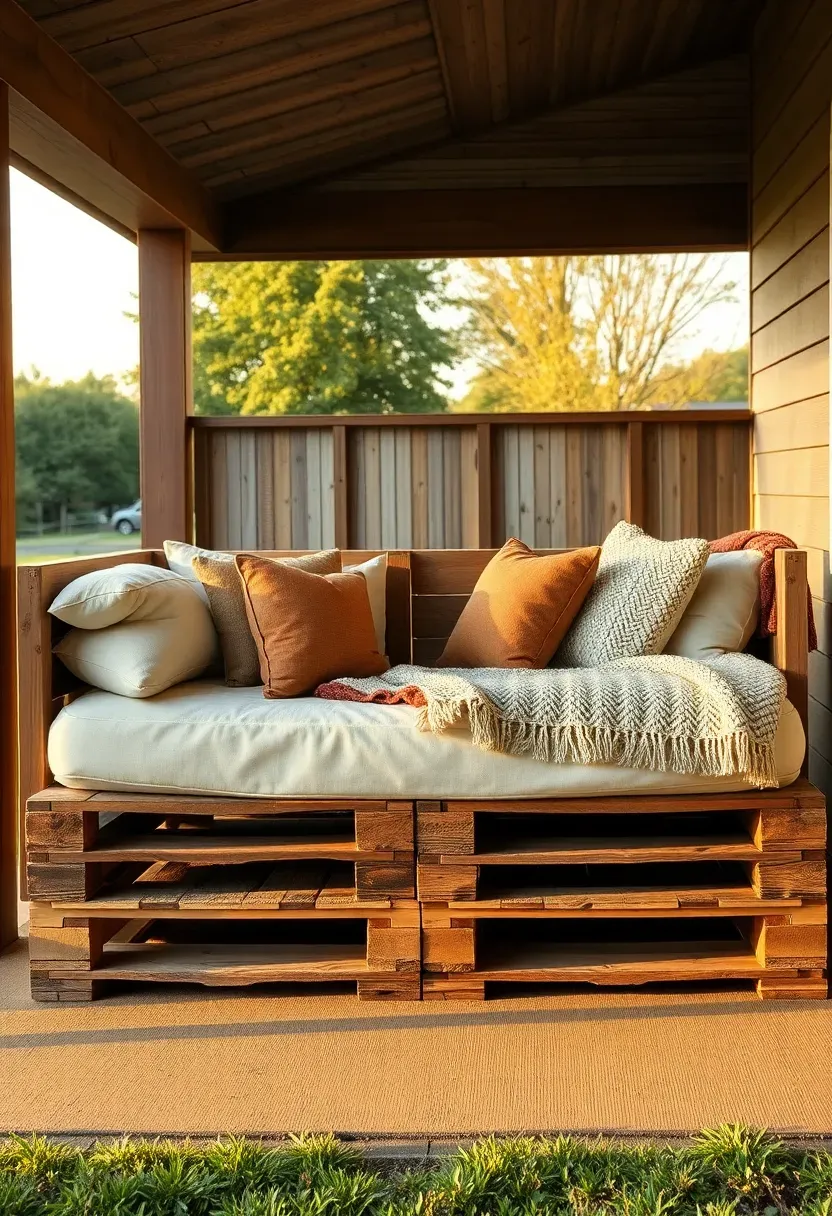 Rustic pallet daybed on a covered back porch with thick cushions and throw blankets in warm sunset light