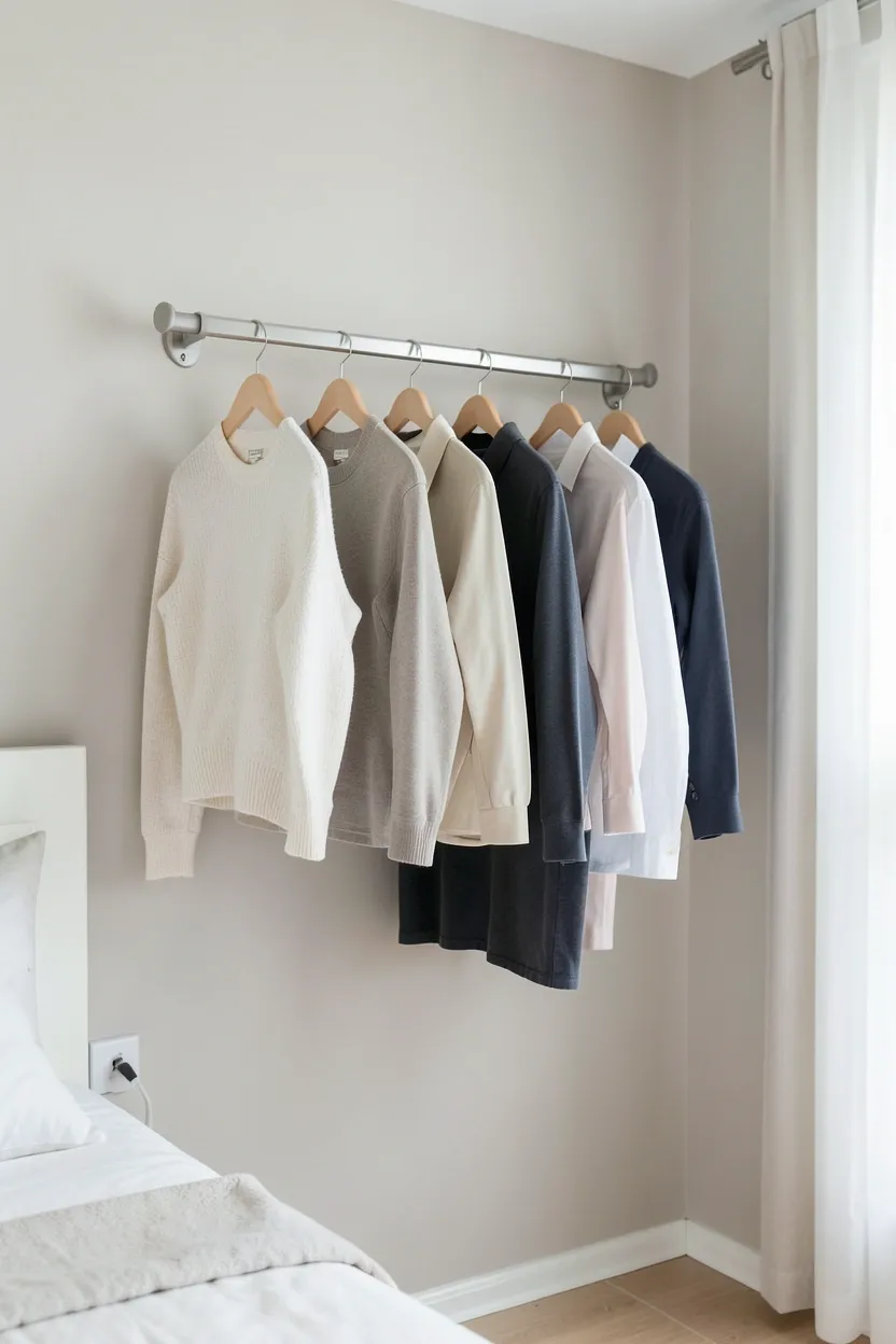 Minimalist ceiling-mounted black metal clothes rail in a small rental bedroom displaying organized hanging clothing in a compact open wardrobe