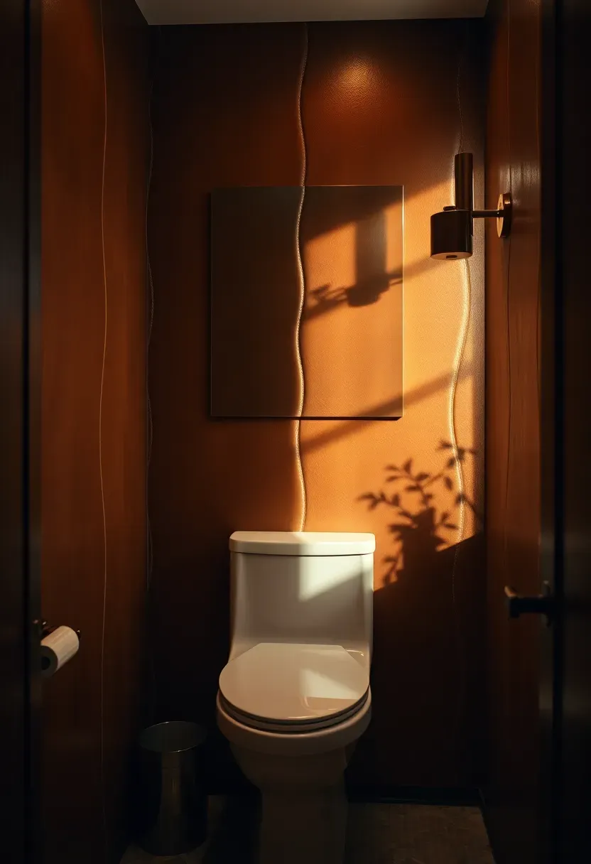 Rich cognac full-grain leather wallcovering panels in a luxurious small powder room with modern chrome faucet and oval mirror