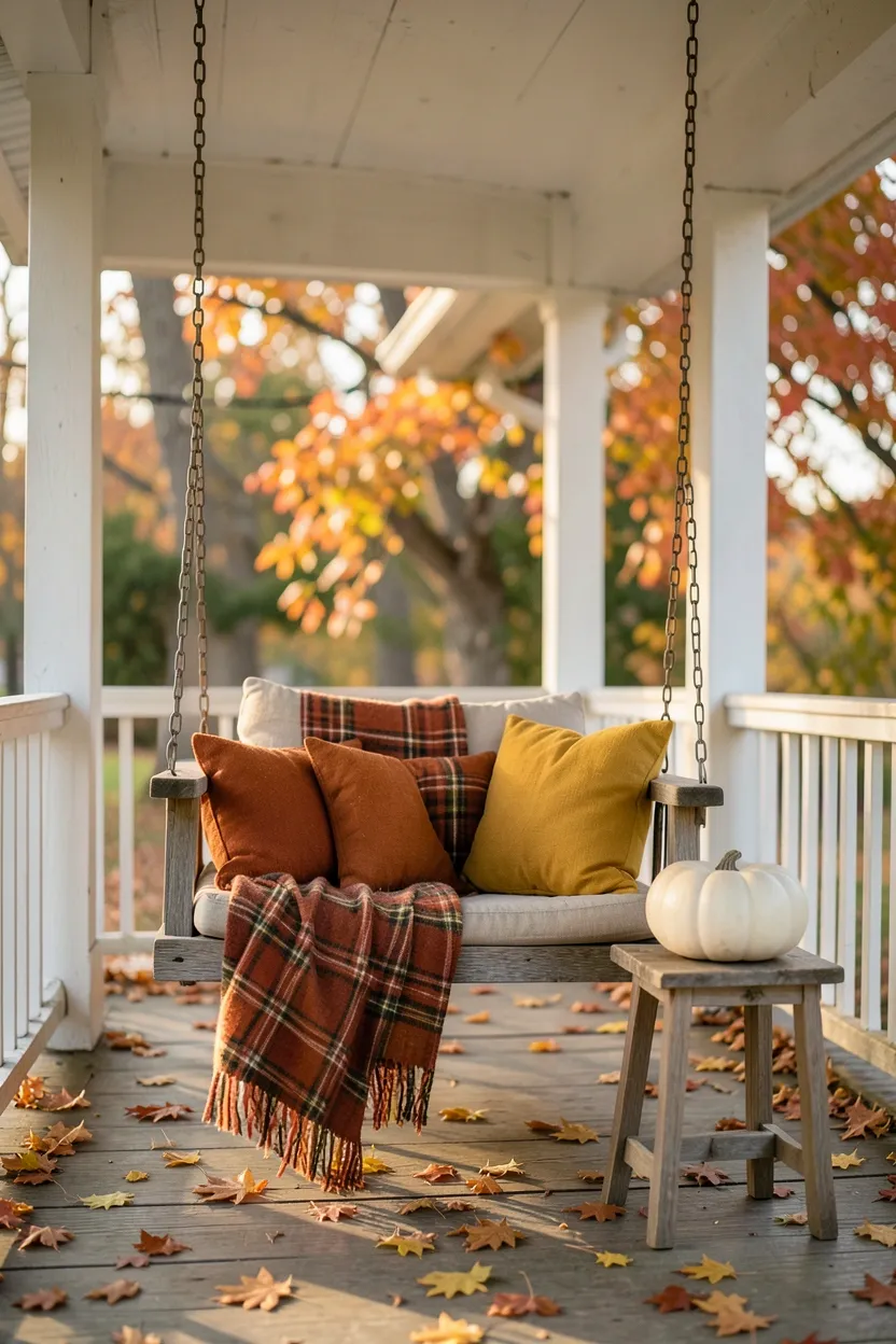Hyper-realistic eye-level photograph of a fall front porch featuring a wooden porch swing adorned with plaid throws and autumn-themed pillows in burnt orange and mustard yellow, with a small wooden side table holding a white pumpkin. Materials: weathered swing wood, plaid wool throw blanket, textured cotton pillows, smooth pumpkin surface, small wooden table, ceiling chains. Soft morning light filtering through falling maple leaves, warm amber tones. Cozy inviting atmosphere. Shallow depth of field, sharp details on throw textures, balanced composition showing porch columns and railing. No text, no logos, no watermarks.</p>