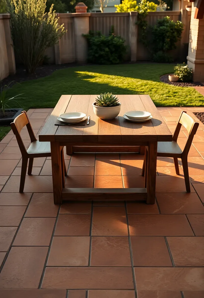 Stamped concrete backyard patio with a natural stone pattern in warm brown tones and outdoor dining furniture