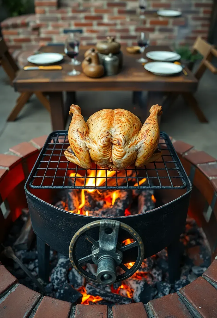 Argentine-style V-shaped steel grill with adjustable grate height crank, whole chicken on the grate, brick fire pit below, and outdoor dining table set nearby