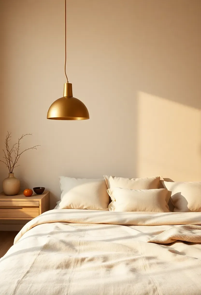 Sculptural brass pendants above nightstands