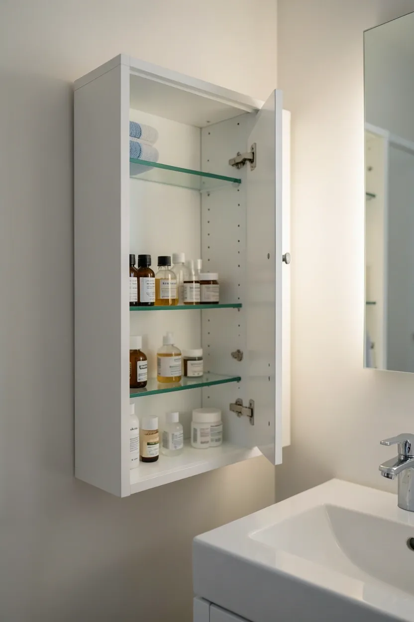 Surface-mounted medicine cabinet with mirrored door above a small apartment bathroom vanity, adding hidden storage without drilling into walls