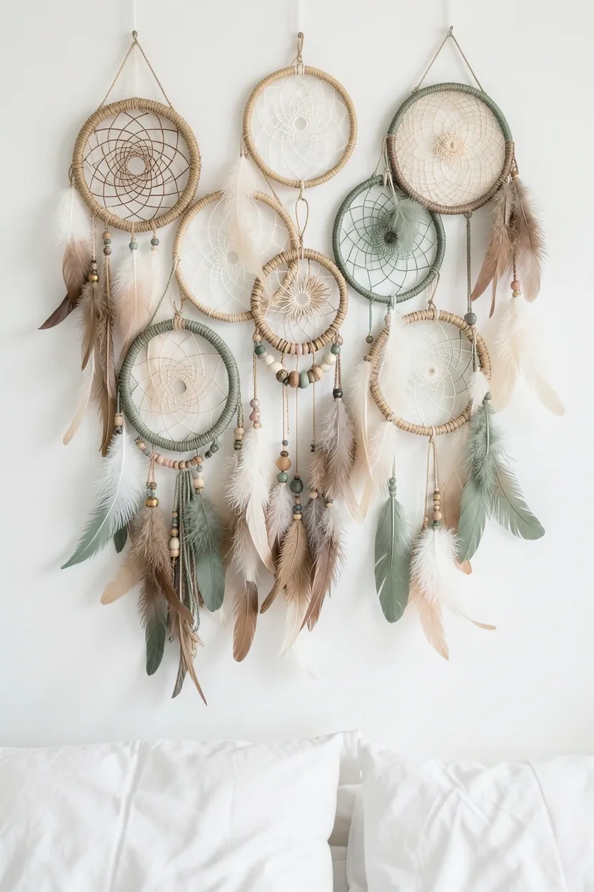 Collection of handmade dreamcatchers with feathers and beads displayed above a boho bedroom bed as decorative wall art
