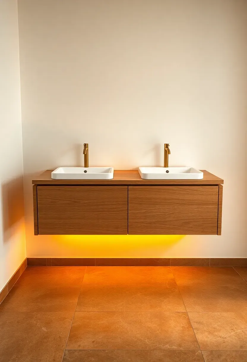 floating bathroom vanity with LED ambient underlight glow on floor