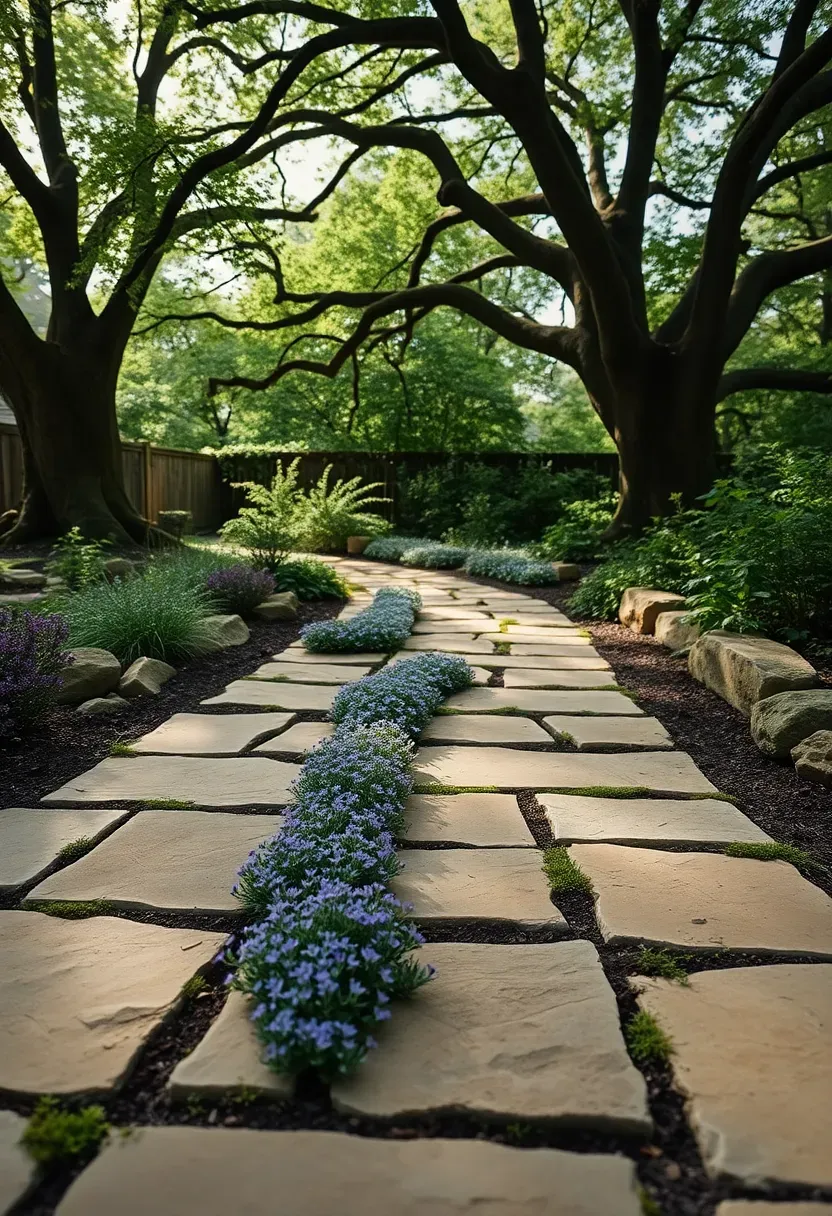 Irregular flagstone pathway with creeping thyme growing between joints leading through a shady backyard garden